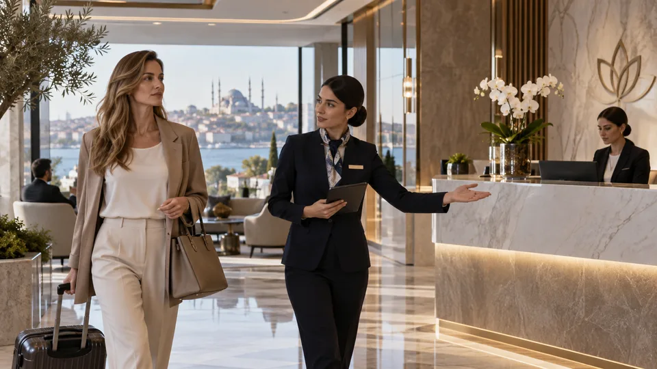 Ankunft und Orientierung in einer Hotellobby